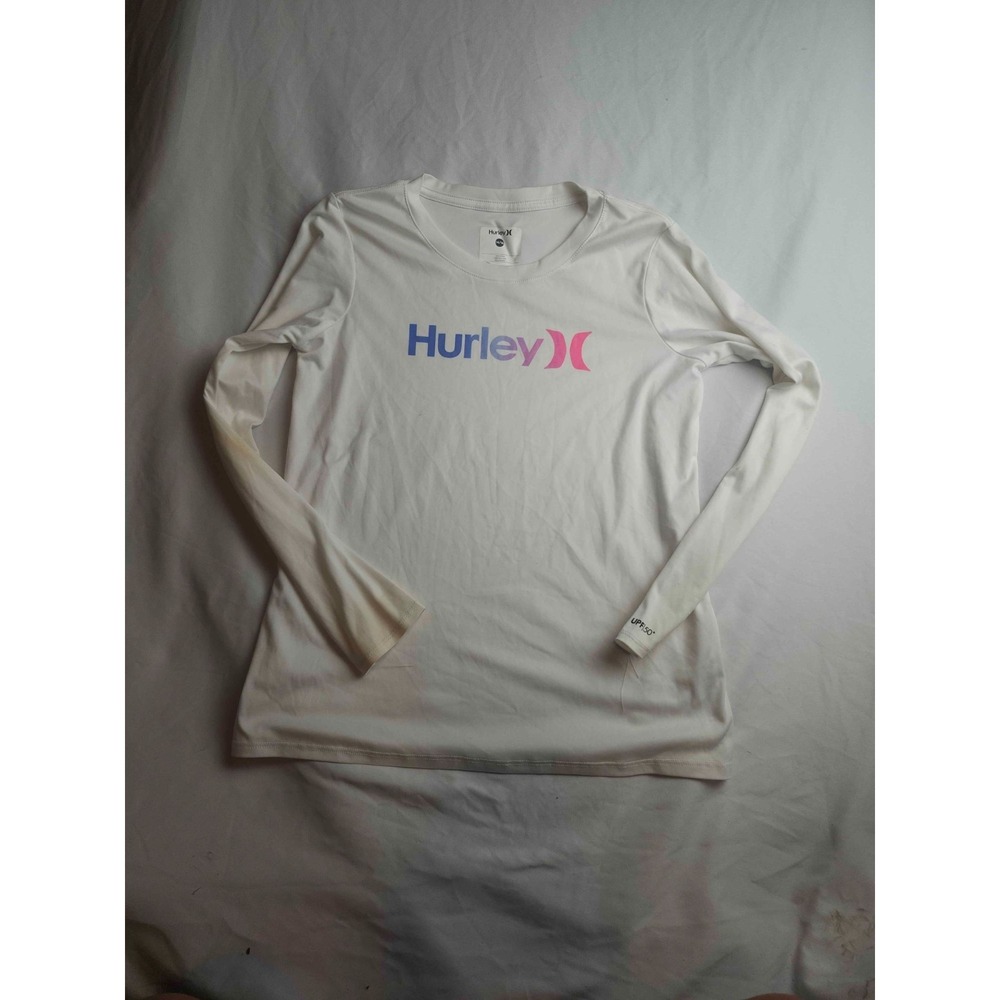 Hurley Shirt Girls Size 14/16 White Long Sleeve Graphic Logo UPF‎ 50 Rash Guard